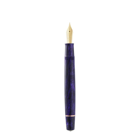 Omas Bologna Ametista Profondo fountain pen with deep purple resin body and gold accents, close-up shot.