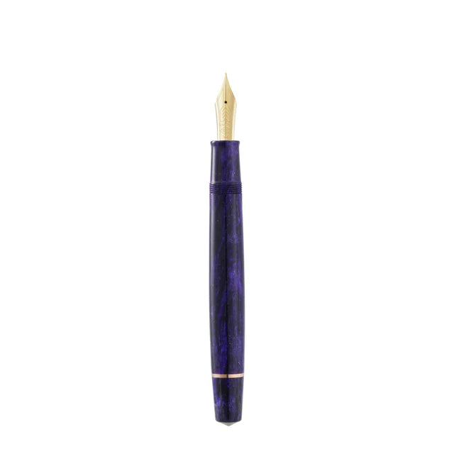 Omas Bologna Ametista Profondo fountain pen with deep purple resin body and gold accents, close-up shot.