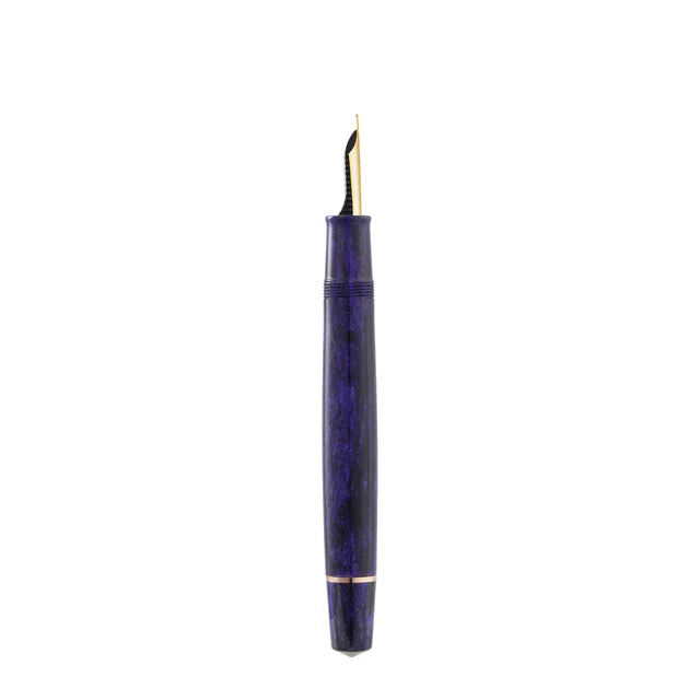 Omas Bologna Ametista Profondo fountain pen with deep purple resin body and gold accents, shown from the side.