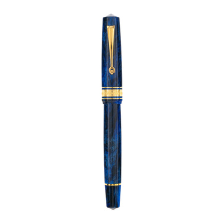 Omas Bologna Azzurro Diamante fountain pen with blue and silver design, featuring a sleek, elegant writing instrument.