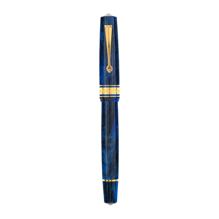 Omas Bologna Azzurro Diamante fountain pen with blue and silver design, featuring a sleek, elegant writing instrument.
