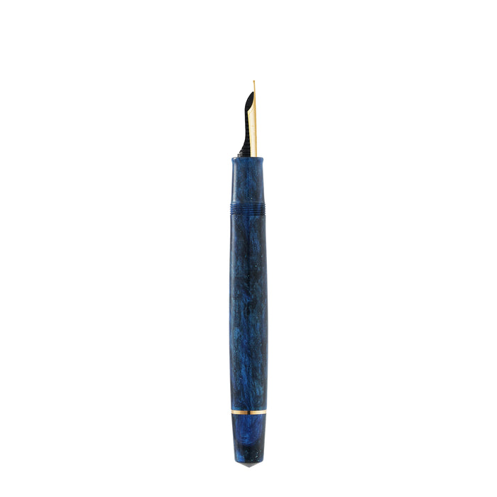 Omas Bologna Azzurro Diamante fountain pen with blue and silver design, featuring a sleek, elegant body and gold accents.