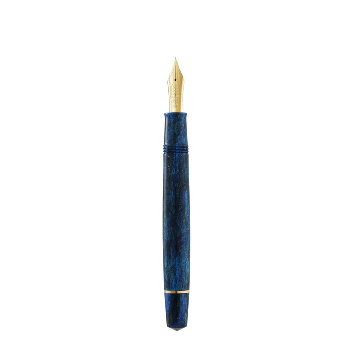 Omas Bologna Azzurro Diamante fountain pen with blue and silver design, metal clip, and smooth writing nib.