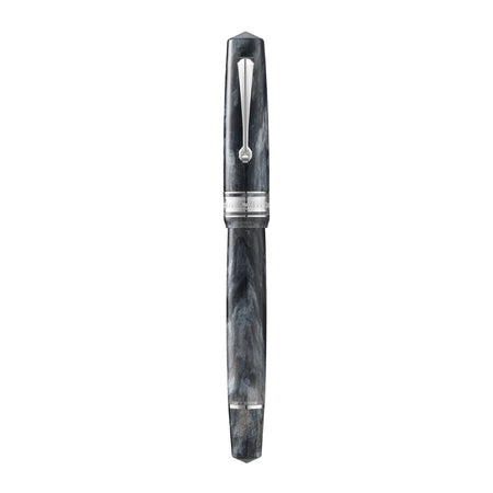 Omas Bologna fountain pen in Grigio Luminoso silver trim with sleek design and fine nib, showcasing elegant craftsmanship.