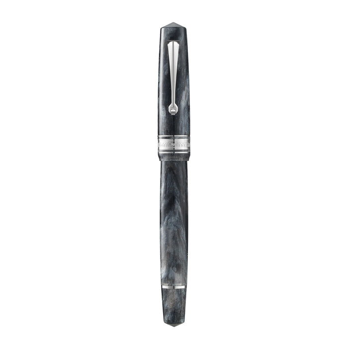 Omas Bologna fountain pen in Grigio Luminoso silver trim with sleek design and fine nib, showcasing elegant craftsmanship.