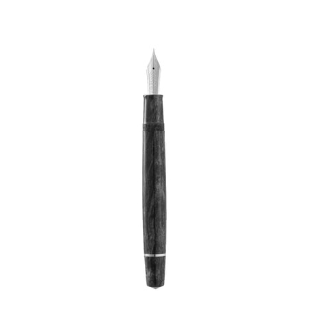 Omas Bologna fountain pen with silver trim, light gray resin body, and gold accents, showcasing elegant craftsmanship and writing tip.