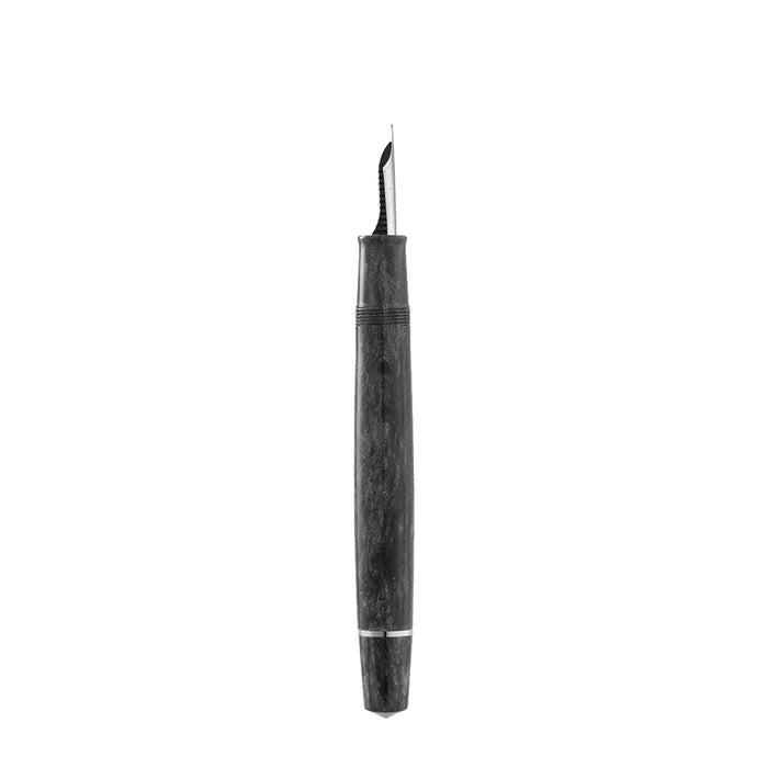 Omas Bologna silver trim fountain pen with light gray body and intricate detailing, showcasing elegant design and craftsmanship.