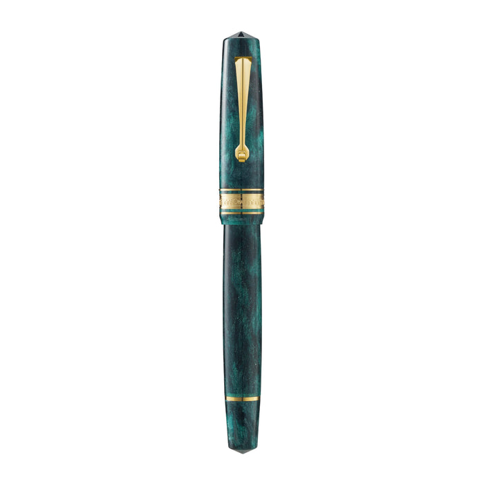 Omas Bologna Smeraldo Elegante fountain pen with green resin body and gold accents, displayed on a white background.