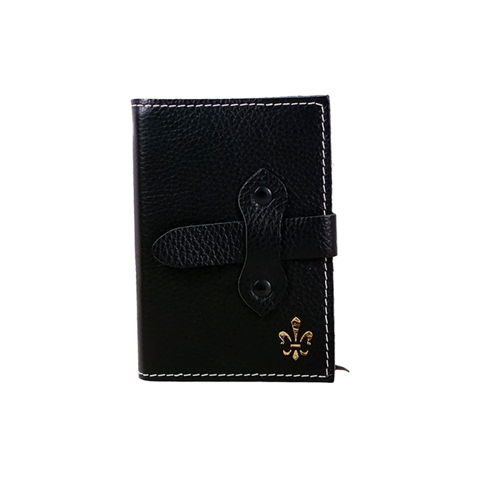Refillable black Italian leather latch journal or 2025 daily planner by Il Cartiglio, showing the closed large journal with textured cover.