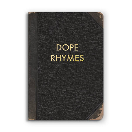 Small Dope Rhymes Journal by The Mincing Mockingbird with black cover and lined pages for writing poetry or notes