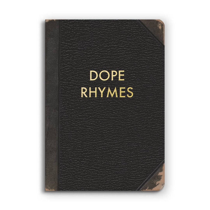 Small Dope Rhymes Journal by The Mincing Mockingbird with black cover and lined pages for writing poetry or notes