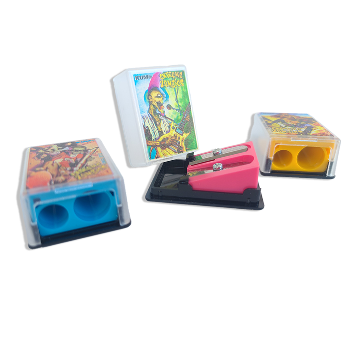 KUM Sharpener Extreme Zombies small pencil sharpener with two holes for different pencil sizes, featuring zombie-themed design.