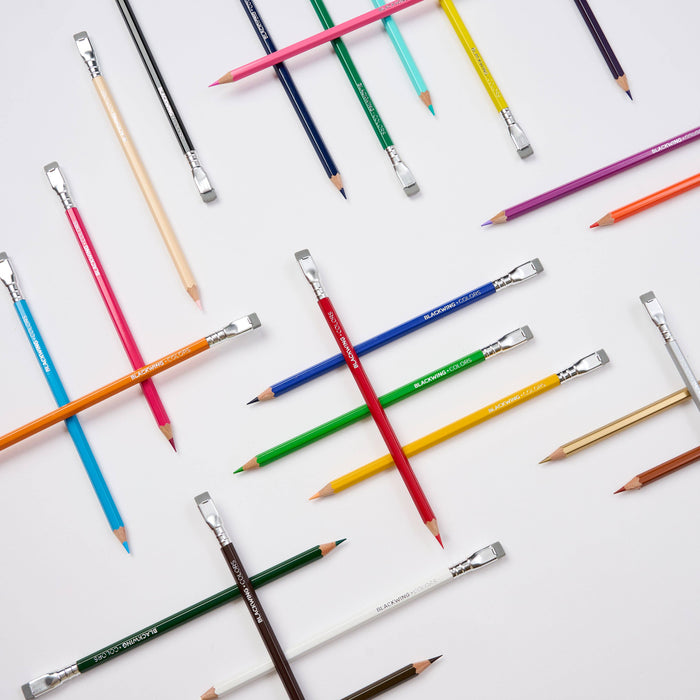 Set of 24 Blackwing Colors pencils with vibrant colored barrels and black erasers, arranged in a neat display.