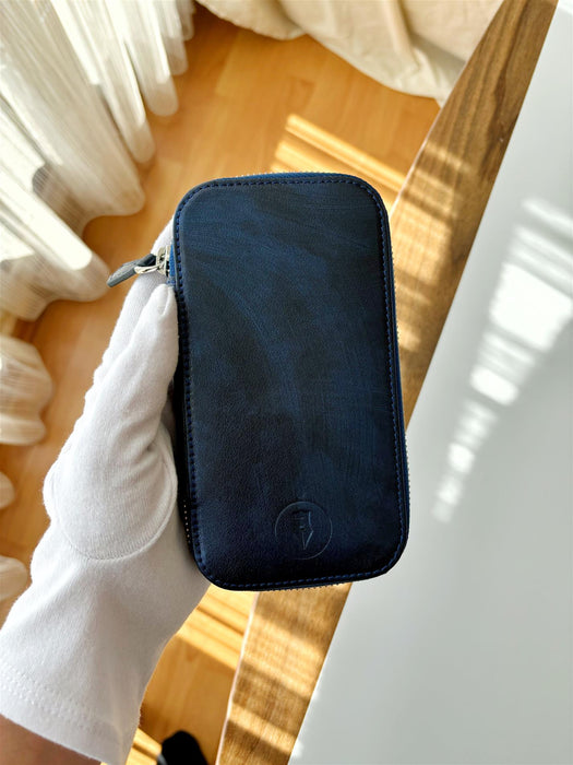 Eng Leather Co. blue galaxy leather pen case with three slots, designed for holding pens and writing instruments.