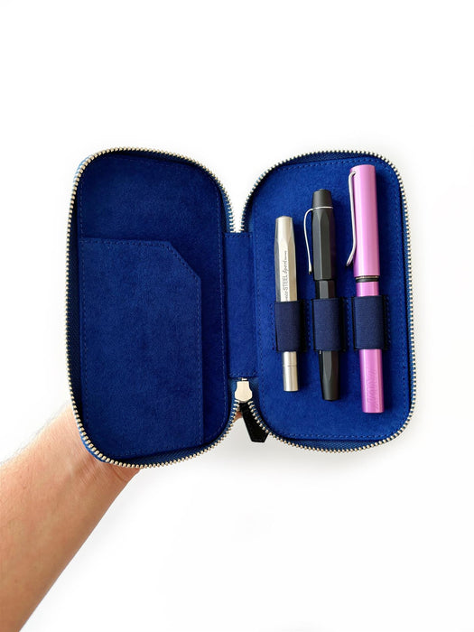 Eng Leather Co. blue galaxy leather pen case with three slots, designed for storing and organizing pens.