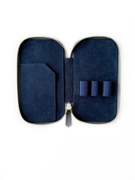 Eng Leather Co. mineral grey leather pen case with three slots, designed for stylish storage of pens and writing instruments.