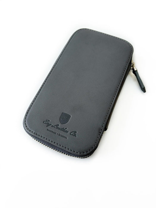 Eng Leather Co. 3-slot leather pen case in mineral grey, showcasing sleek design and multiple pen storage compartments.