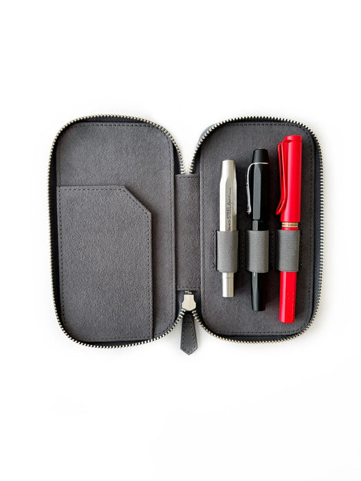 Eng Leather Co. 3-slot leather pen case in mineral grey with a sleek, compact design for organizing pens and writing instruments.