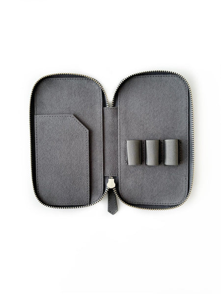 Eng Leather Co. 3-slot leather pen case in mineral grey with smooth finish and sleek design, ideal for organizing pens.