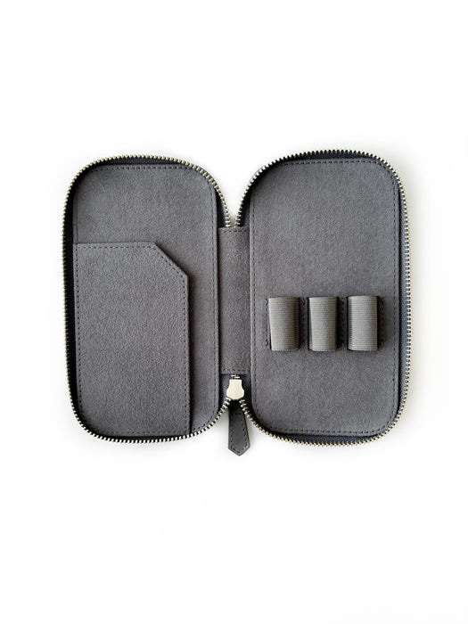 Eng Leather Co. 3-slot leather pen case in mineral grey with smooth finish and sleek design, ideal for organizing pens.