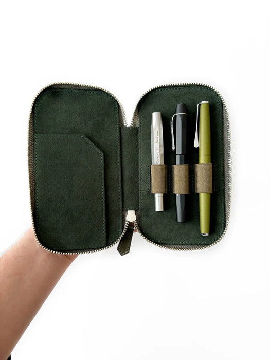 Eng Leather Co. 3-slot leather pen case in natural olive leather with visible stitching and a sleek, compact design.