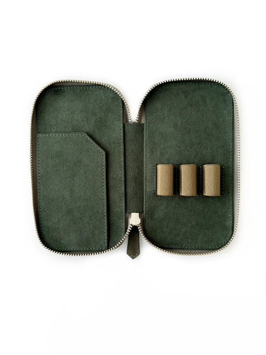 Eng Leather Co. 3-slot leather pen case in natural olive leather, with three pens neatly stored inside.