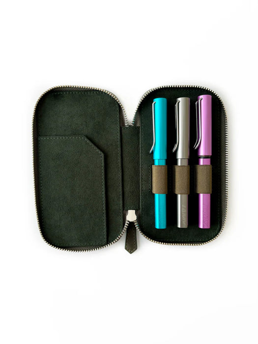 Eng Leather Co. 3-slot leather pen case in natural olive leather, designed to hold multiple pens in a sleek, compact case.
