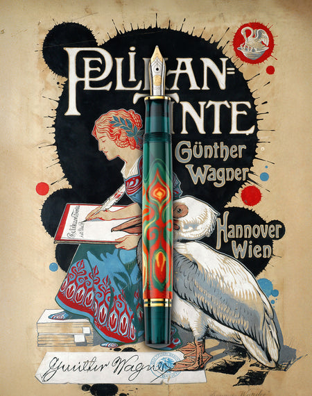 Pelikan Souverän M600 fountain pen from Rudi Rother Art Collection with gold accents and marbled green resin body.