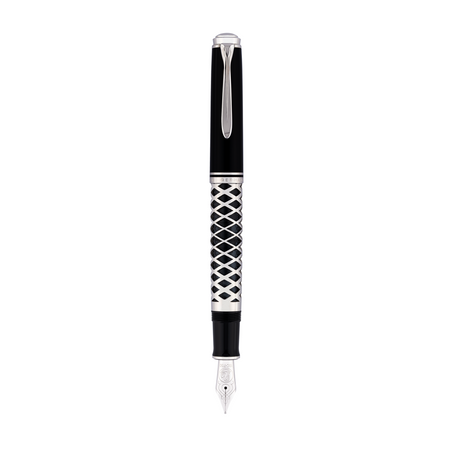 Pelikan Souverän M805 fountain pen with metal sleeve and gold accents, showcasing its elegant black resin body and detailed nib.