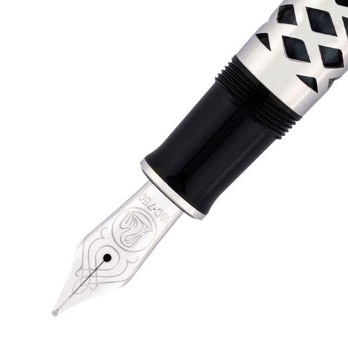 Pelikan Souverän M805 fountain pen with metal sleeve, featuring a sleek black body and gold accents, on white background.