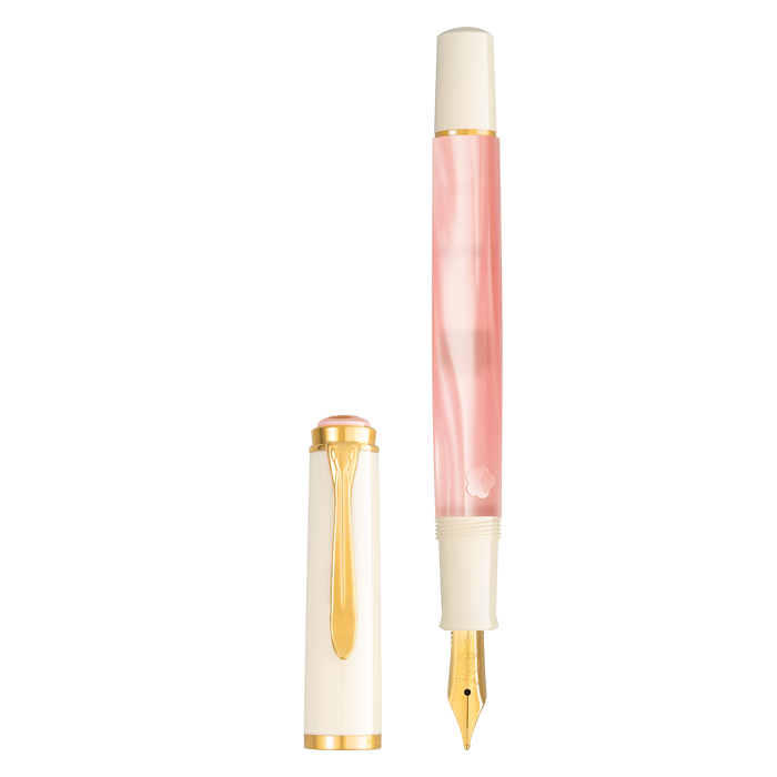 Pelikan M200 Cherry Blossom fountain pen with pink and floral design, metal nib, and elegant barrel.