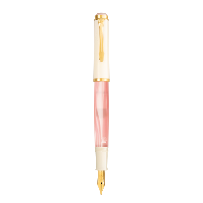 Pelikan M200 Cherry Blossom fountain pen with pink and gold accents, showcasing elegant design and fine craftsmanship.