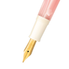 Pelikan M200 Cherry Blossom fountain pen with pink and white marbled body and gold accents, close-up view.