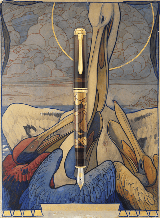 Pelikan Souverän M600 Art Collection Georg Tippel fountain pen with gold accents and detailed design, close-up shot.