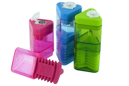 KUM Correc Tri M1 pencil sharpener and eraser combo, compact white plastic design with dual functions for sharpening and correcting pencils.