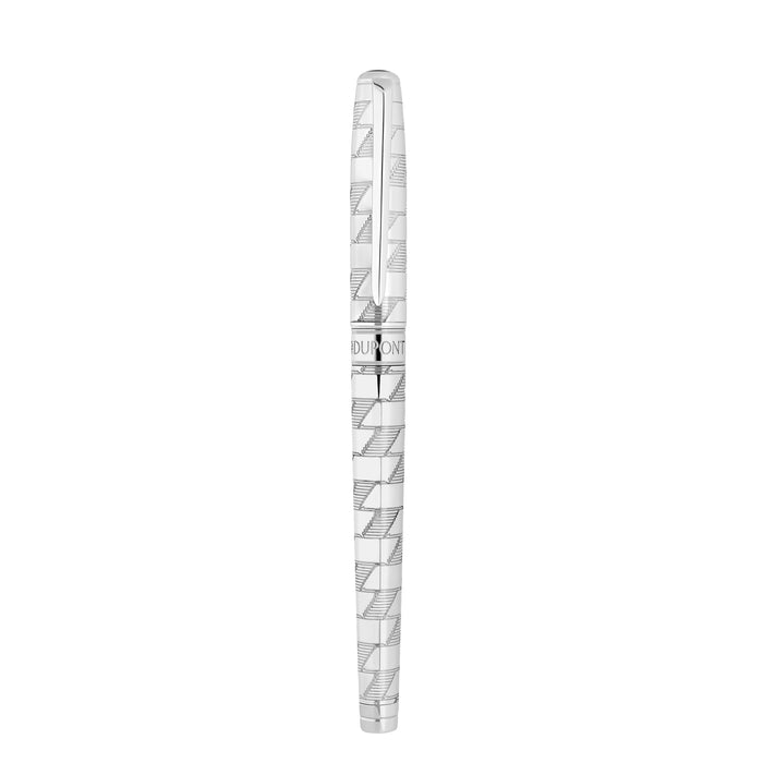 Silver S.T. Dupont Line D Eternity Monogram 1872 fountain pen with sleek design and engraved branding, displayed on a white background.