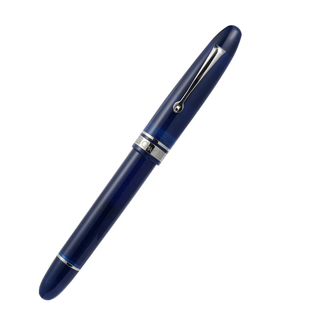 Omas Ogiva Blu fountain pen with gold accents and a sleek blue resin body, displayed on a neutral background.