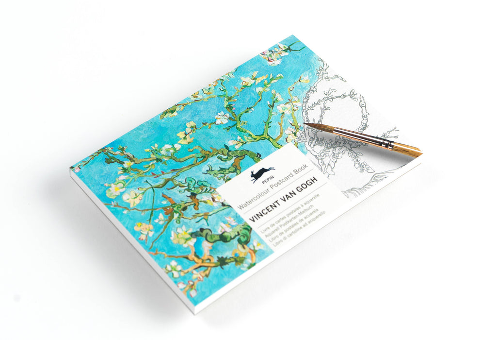Watercolor paper from Pepin Vincent Van Gogh postcard book featuring vibrant, artistic Van Gogh watercolor designs.