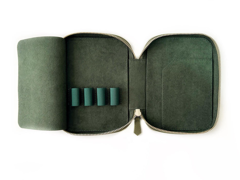 Eng Leather Co. dark olive green leather 4-slot A6 pen case with sleek design and secure slot closures.