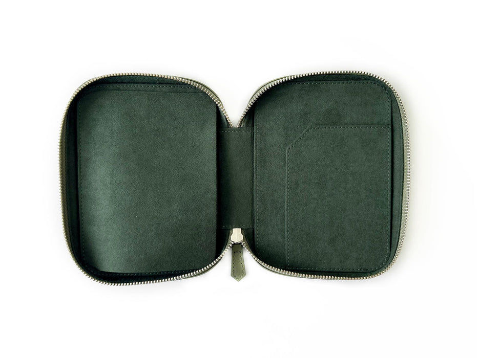 Eng Leather Co. dark olive green leather 4-slot A6 pen case showing four pens inside with a sleek, compact design.