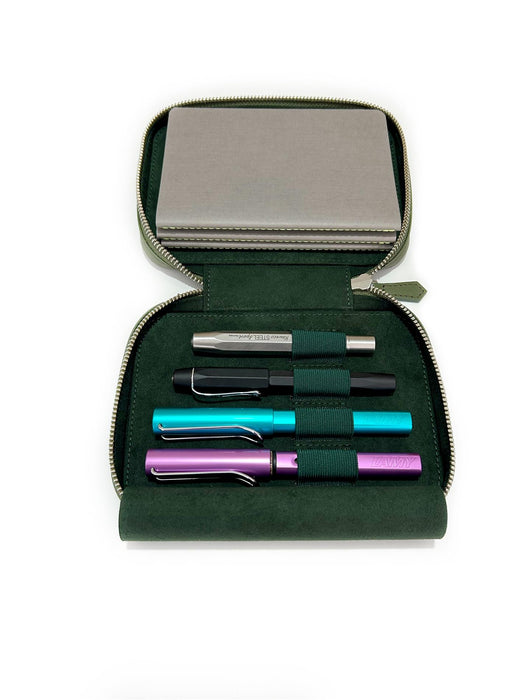 Eng Leather Co. dark olive green leather 4-slot A6 pen case with smooth finish and compact design.