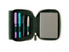 Eng Leather Co. 4 Slot Leather A6 Pen Case in dark olive green with four pens inside, showcasing soft leather and compact design.