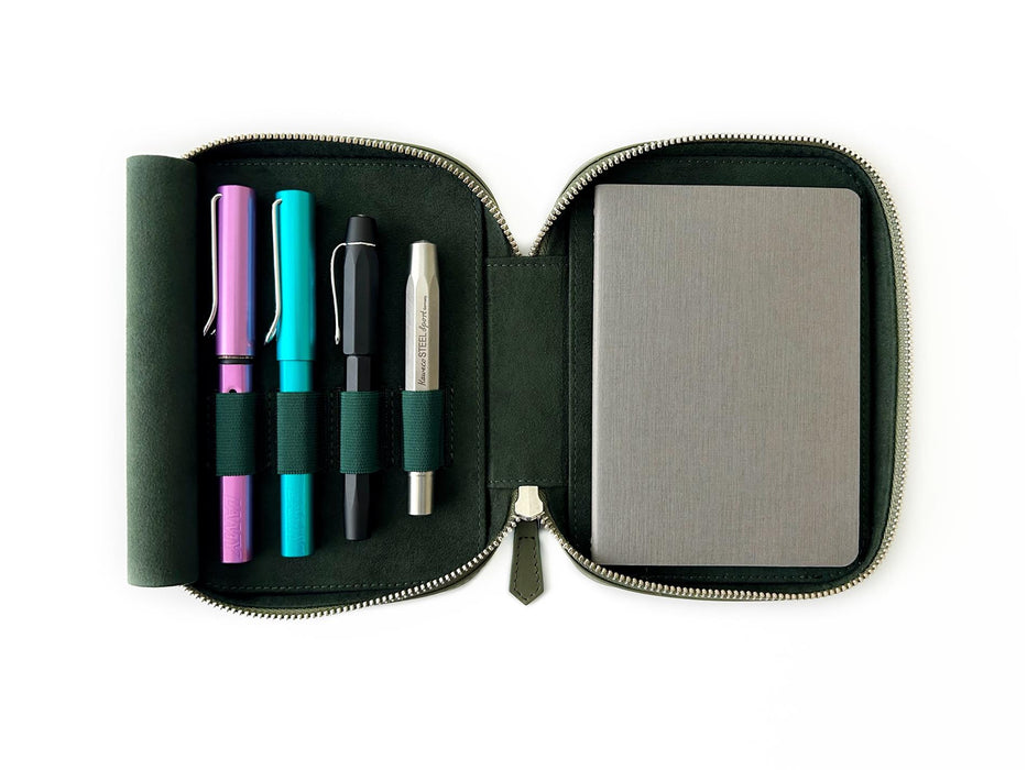 Eng Leather Co. 4 Slot Leather A6 Pen Case in dark olive green with four pens inside, showcasing soft leather and compact design.