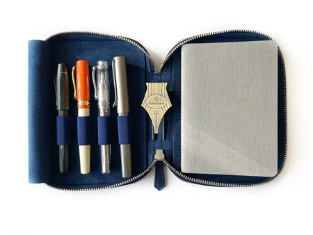 Eng Leather Co. navy blue leather pen case with four slots for A6-sized pens, stylish and compact for everyday use.