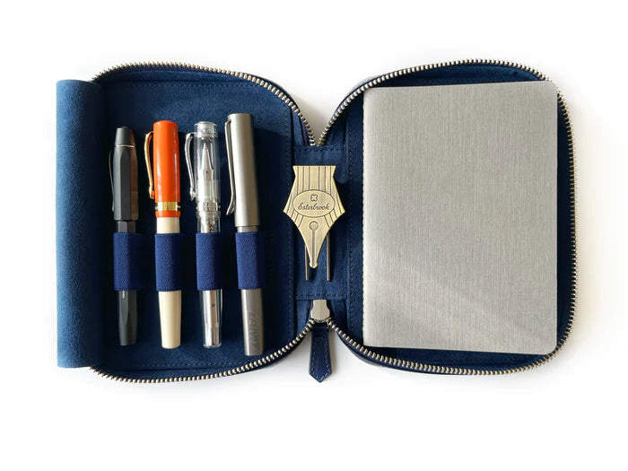 Eng Leather Co. navy blue leather pen case with four slots for A6-sized pens, stylish and compact for everyday use.