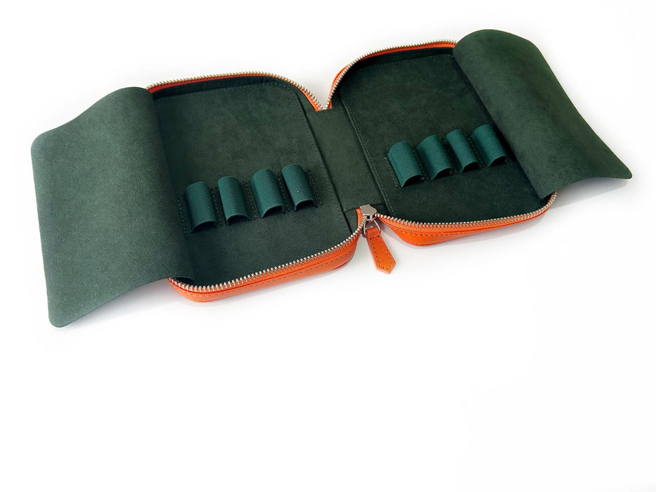 Eng Leather Co. pumpkin leather 4-slot A6 pen case with four pens inside, showcasing stylish and functional pen storage.