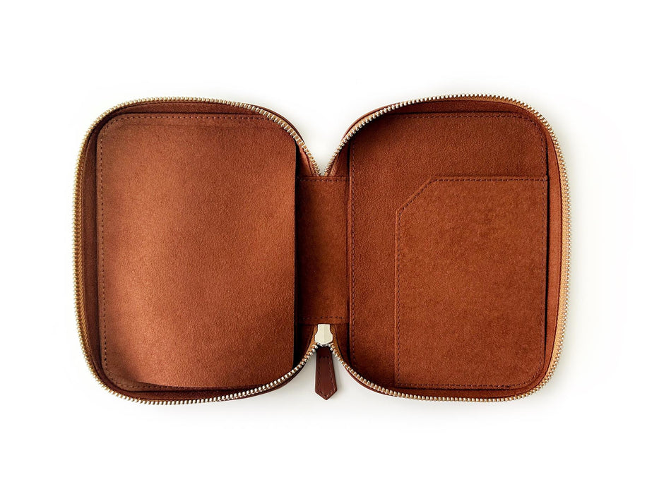 Eng Leather Co. walnut brown leather 4-slot A6 pen case with sleek design and durable stitching, perfect for organizing pens.