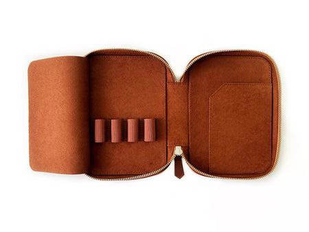 Eng Leather Co. Walnut Brown 4-slot leather pen case with embossed logo, designed to hold A6 size pens and stationery.