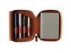Eng Leather Co. Walnut Brown 4-slot leather pen case with four pens inside, showcasing durable leather storage for A6 size pens.