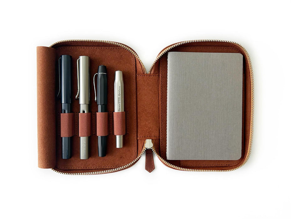 Eng Leather Co. Walnut Brown 4-slot leather pen case with four pens inside, showcasing durable leather storage for A6 size pens.